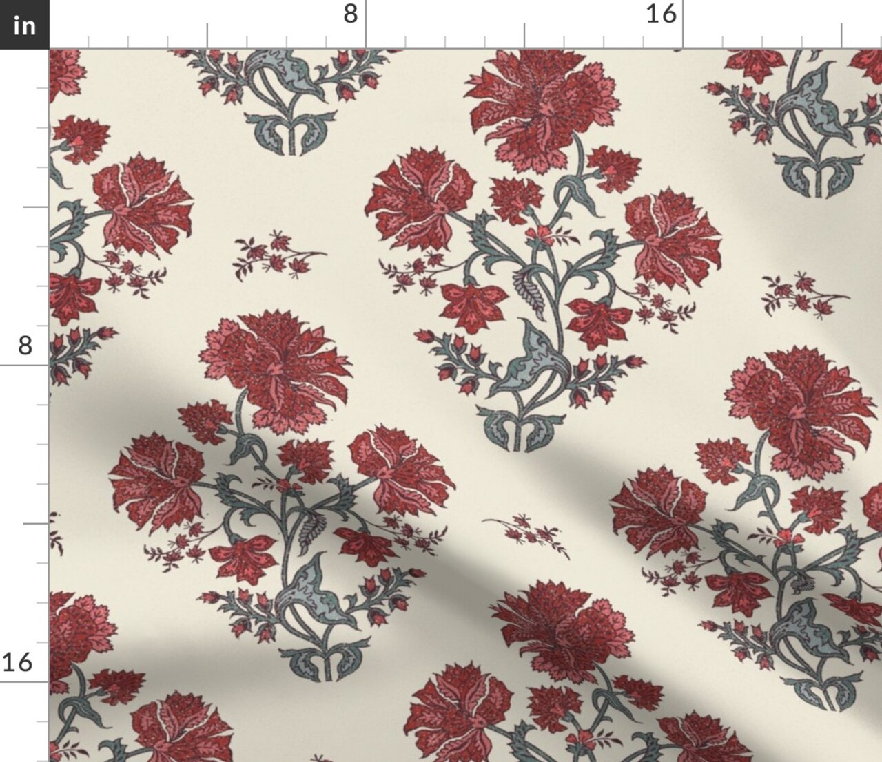 Floral Block Print Autumn Flowers Red Green Beige Americana Custom Printed Fabric by Spoonflower Various Fabrics by the Yard or Fat Quarter